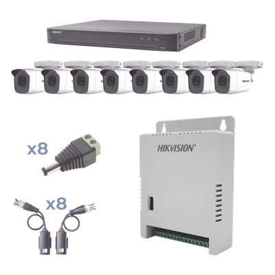 Kit TurboHD / DVR 8 Canales / 8 Cámaras Bala 1080p / Lente 2.8 mm / IR 20 m (65.6 ft) / Fuente Regulada hasta 15 Vcc / Transceptores UTP