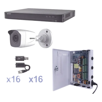 Kit TurboHD / DVR 16 Canales Pentahíbrido / 16 Cámaras Bala 1080p / IR 20 m (65.6 ft) / Fuente de Poder Profesional / Transceptores UTP