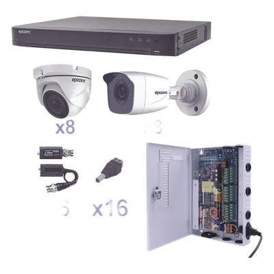 Kit TurboHD / DVR 16 Canales / 16 Cámaras 1080p / 8 Bala y 8 Eyeball / Lente 2.8 mm / IR 20 m (65.6 ft) / Fuente de Poder 18 Canales / Transceptores UTP