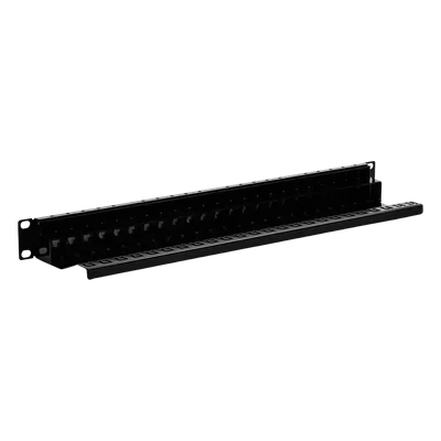 Patch Panel / 24 Puertos / Modular Vacío / Plano / 1UR / Cat 6A Blindado / Acero Negro