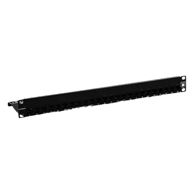 Patch Panel / 24 Puertos / Modular Vacío / Plano / 1UR / Cat 6A Blindado / Acero Negro