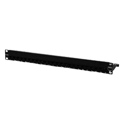 Patch Panel / 24 Puertos / Modular Vacío / Plano / 1UR / Cat 6A Blindado / Acero Negro