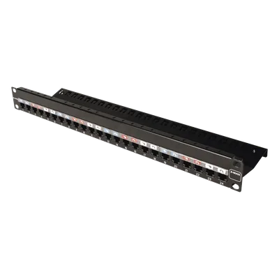 Patch Panel / 24 Puertos / Modular Vacío / Plano / 1UR / Cat 6A Blindado / Acero Negro