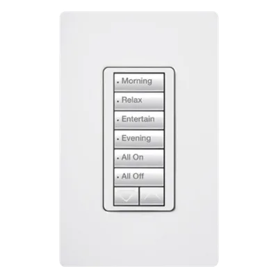 Teclado Híbrido con Atenuador / 6 Botones Programables / 450 W Incandescente / 100 W LED/CFL / Control de Neutro / Radiofrecuencia 431-437 MHz / Hasta 9 m (29.5 ft) de Repetidor