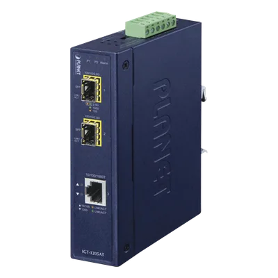 Convertidor de Medios Industrial / 1x Ethernet 10/100/1000 Base-T / 2x SFP 100/1000/2500 Base-X / -40 a 75°C / 12-48V DC