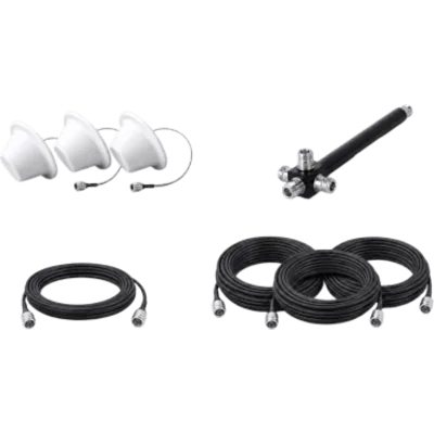 Kit de 3 Antenas Omnidireccionales tipo Domo y Divisor de Potencia de 4 salidas / Jumpers Coaxiales de 3 m y tres de 15 m con conectores N macho