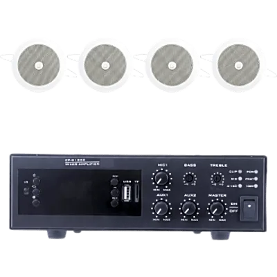 Kit de Sonido para Instalación / Amplificador 120W / 4 Altavoces de Plafón 4" / Sistema 70/100V / Bluetooth y FM