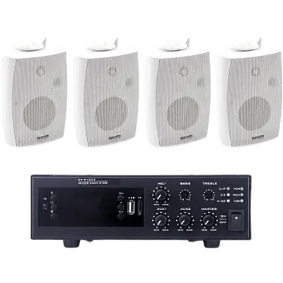Kit de Amplificador de 120W para Escritorio / 4 Altavoces de Pared 2.5W - 20W / Sistema 70/100V / Bluetooth / USB / FM / XLR con Phantom 48V