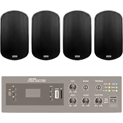 Kit de Audio para Instalación / Amplificador 240W / 4 Altavoces de Pared 2 Vías / Sistema 70/100V / Bluetooth / USB / FM