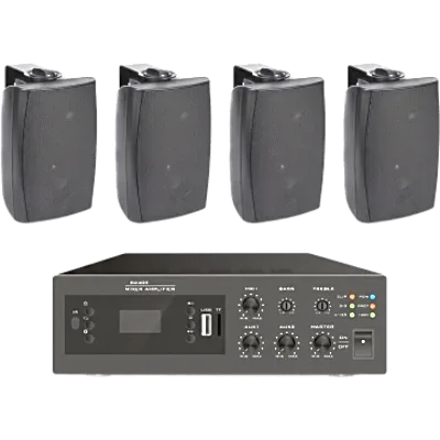 Kit Amplificador de Audio / 240W / Bluetooth FM MP3 / 4 Altavoces de Pared 2 Vías / Sistema 70/100V / Phantom 48V