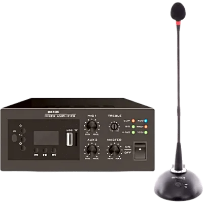 Kit Amplificador y Micrófono / 240W / Salida 4~16Ω o 100V / Bluetooth FM MP3 USB / Phantom 48V / Micrófono Cuello de Ganso Cardioide