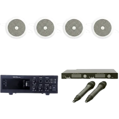 Kit de Audio para Conferencias / Amplificador 120W / 2 Micrófonos UHF / 4 Altavoces de Plafón 4" / Bluetooth y MP3 / Alcance 100 m (328 ft)