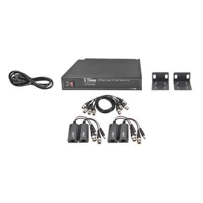 Kit de 4 canales de para transmisión de ALIMENTACION ( de 36 Vcc a 12Vcc ) y VIDEO (HD-TVI) a distancias de hasta 250 mts.