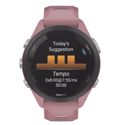 Forerunner® 265S, Bisel negro con carcasa en rosa y correa de silicona en rosa/gris