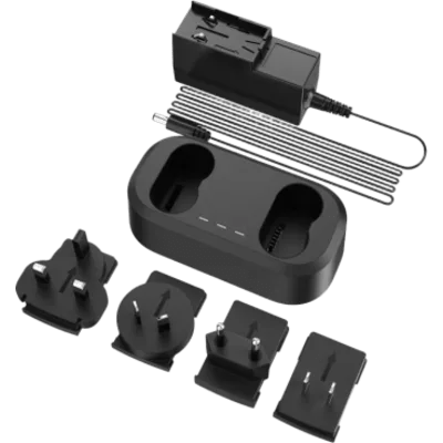 Cargador de Baterías Dual / Carga Simultánea de 2 Baterías / Entrada AC 100~240 V / Salida DC 20 V / Indicador LED Triple / 4 Adaptadores Internacionales