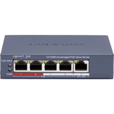 Switch PoE No Administrable / 4 Puertos 10/100 Mbps PoE / 1 Puerto 10/100 Mbps Uplink / Modo Extendido hasta 300 Metros / Gestión Inteligente de PoE / 35 Watts