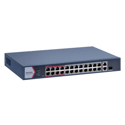 Switch Gigabit PoE+ / Monitoreable / 24 Puertos 1000 Mbps PoE+ / 1 Puerto 1000 Mbps de Uplink / 1 Puerto SFP / Configuración Nube desde Hik-PartnerPro / Modo Extendido hasta 300 Metros / 230 Watts