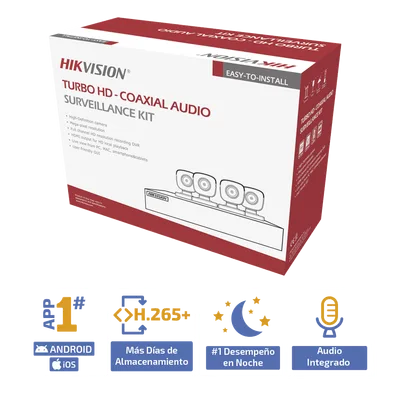 Kit de Videovigilancia TurboHD / 5 Megapixel / DVR 8 Canales / 4 Cámaras Bala con Audio / IR 30 m (98.4 ft) / IP67 / Lente 2.8 mm