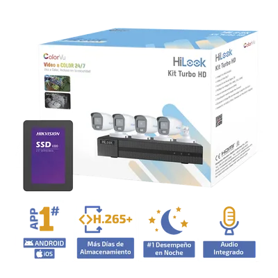 Kit TurboHD / 2 Megapixel / 4 Canales Analógicos + 1 IP / ColorVu 20 m (65.6 ft) / SSD 500 GB / Audio Integrado