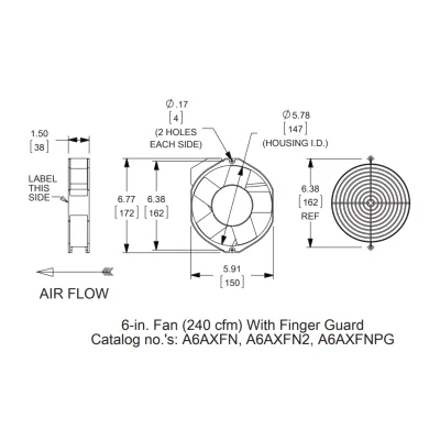 Ventilador Axial Compacto / 6 Pulgadas (152 mm) / 115 VAC / 102 CFM (173 m³/h) / 50,000 Horas / Operación Silenciosa / IP para Gabinetes