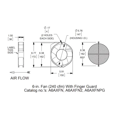 Ventilador Axial Compacto / 6 Pulgadas (152 mm) / 115VAC / 240 CFM / 407 m³/h / 70°C Máx / Acero Negro / 50,000 Horas