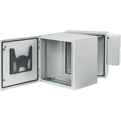 Gabinete Industrial ProTek de Puerta Sólida, Con Aire Acondicionado de 4000 BTU, Protección NEMA Tipo 4/12/4X; IP66; IK10, Abatible, Fabricado en Acero, 26 UR, Color Gris Claro