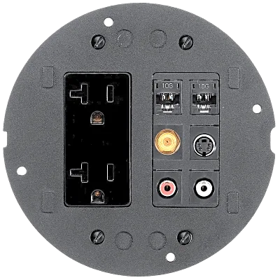 Sub-Placa / Doble Apertura Decorador / Aluminio Fundido / Acabado Negro en Polvo / 136.1 x 136.1 x 58.7 mm /Aplicaciones Multi-Servicio de Gran Capacidad / Instalación Empotrada.