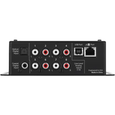 Procesador de Señal Digital (DSP) / 8 Canales de Entrada y 8 de Salida / Resolución 24 bit/48 kHz / Ajuste de Sistemas JL Audio TwK / Control de Nivel Remoto DRC-200 / Salida Óptica Toslink S/PDIF / E