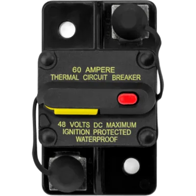 Disyuntor Marino / 60 A / IP67 / Protección contra Ignición SAE J1171 / Restablecimiento Manual / Indicador de Alta Visibilidad / Inmersión Temporal 1 m (3.28 ft) / Terminales de Acero Inoxidable Resi
