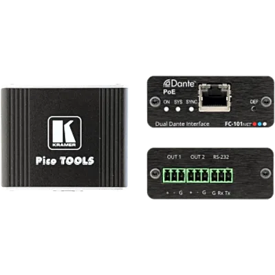 Decodificador Dante | 2 Canales | Salidas Mono Balanceadas | Alimentación PoE | Control de Volumen | Conversión 32 bits | Frecuencia de Muestreo 96 kHz | Kramer Protocol 3000