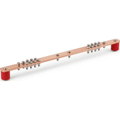 Barra Distribución Tierra Rack 19 in / Cobre 100% / 550A / Aisladores Rojos / 0.64 cm (0.25 in) / J-STD-607-A