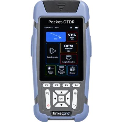 Mini OTDR para Fibra Óptica / Monomodo 1310nm y 1550nm / Rango Dinámico 24dB/22dB / VFL 10mW / OPM Integrado / Mapeo RJ45 / Alcance 128 km / Pantalla 3.5" / 12 Horas de Medición Continua
