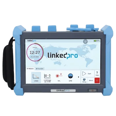 OTDR Portátil / Fibra Monomodo 1310/1550/1625 nm / Rango Dinámico 50 dB / Zona Muerta 0.8 m (2.62 ft) / Pantalla Táctil 8 Pulgadas / Hasta 420 km / VFL 5 mW