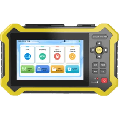 OTDR Touch para Pruebas en Enlaces Fibra Óptica Activos (Prueba de Fibra Viva) / 3 Longitudes de Onda / Integra Función OPM / Integra Función VFL 5mW / Mapeo de Cables RJ45 / Recargable / Distancia de