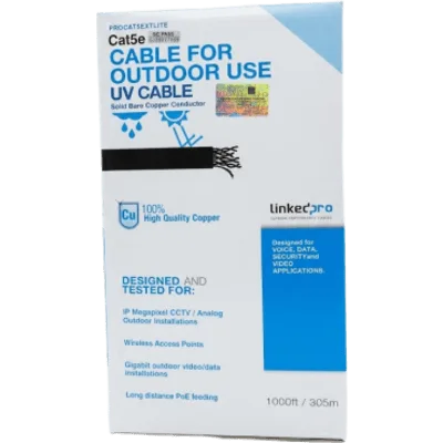 Cable UTP Exterior / Categoría 5e / 24 AWG Cobre Desnudo / 4 Pares / Anti-UV / PoE+ 30W / 304.8 m (1000 ft)