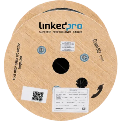 Carrete de 2 km de Fibra Óptica Aérea Mini Figura 8 G.657A2 Tipo Drop, Monomodo de 2 Hilos (Bifibra), Diseñada para Fusionarse, Color Negro, Span 80, (No Soporta Conectores Mecánicos)