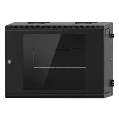 Gabinete Rack / 9U / Montaje en Pared / Puerta de Cristal Templado / Carga 80 kg / Abatible 120° / Ventilación 120 mm / Acero Calibres 18-22