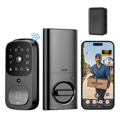 Cerradura Inteligente con Videoportero / Wi-Fi 2.4 GHz / Huella Digital / Teclado Táctil / IP65 / 8 Baterías AA