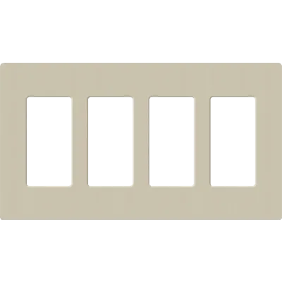 Placa de pared de 4 espacios sin tornillos visibles, acabado satinado color Taupe, para atenuadores y controles Lutron con apertura tipo designer como Maestro y Diva