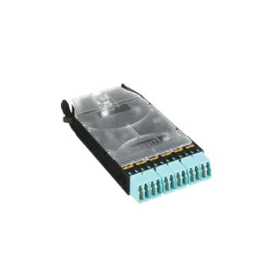Cassette HD Flex de 12 Fibras Multimodo OM4, de MPO a 6 Conectores y Precargado con 12 Pigtails LC Duplex, Color Aqua