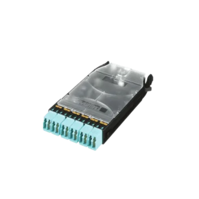 Cassette HD Flex de 12 Fibras Multimodo OM4, de MPO a 6 Conectores y Precargado con 12 Pigtails LC Duplex, Color Aqua