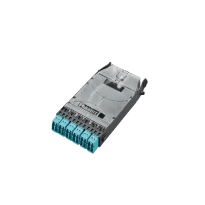 Cassette HD Flex de 12 Fibras Multimodo OM4, de MPO a 6 Conectores y Precargado con 12 Pigtails LC Duplex, Color Aqua