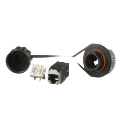 Conector Industrial RJ45 / Blindado IP67 / Categoría 6A / Tapa Protectora / Terminación sin Herramienta / Contactos 50 µin Oro