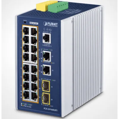 Switch Industrial Administrable / 16 Puertos PoE+ Gigabit / 2 Puertos Gigabit / 2 Puertos SFP / IP30 / -40 a 75°C