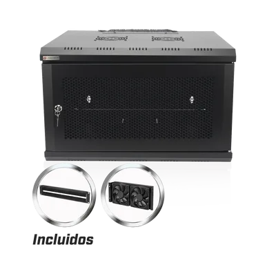 Gabinete de Pared 19 in / 6U / Profundidad 455 mm / Carga 60 kg / Puerta Perforada / 2 Ventiladores / Panel Cepillo