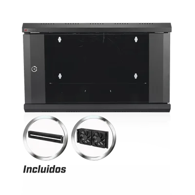 Gabinete de Pared 19 in / 6U / Profundidad 455 mm (17.9 in) / Cristal Templado / Carga 60 kg / 2 Ventiladores / Panel Cepillo