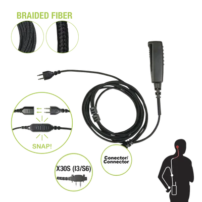Cable para Micrófono Audífono / Conector Snap Intercambiable / 2 Pines Icom / Cable Trenzado de Fibra / Clip Metálico con PTT 360°