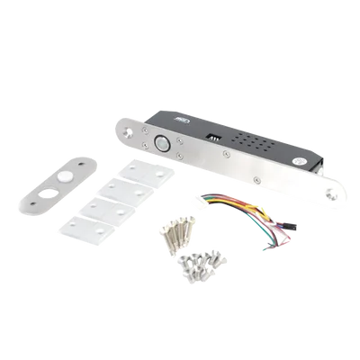 Cerradura de Perno Eléctrica / Diseño Estrecho para Perfiles Delgados / Temporizador 10 s / Buzzer y LED Bicolor / 12-24 VDC / Sensor de Estado de Puerta