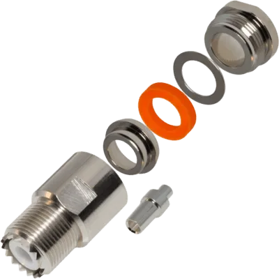 Conector UHF Hembra / SO-239 / Rosca en Línea / Contacto de Plata / Dieléctrico Teflón / Para RG-8/U, LMR-400 y 9913