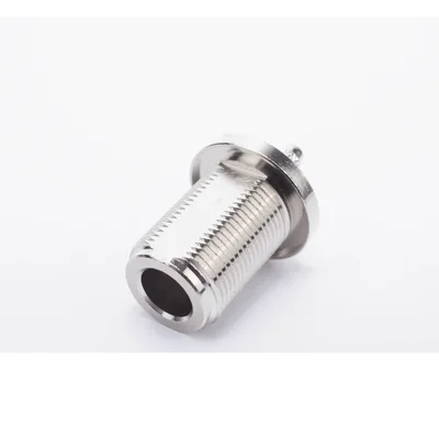 Conector RF Coaxial / N Hembra Hermético / Montaje Frontal Panel 2D Plano / Anillo Plegable RG-58/U / Cuerpo Bronce Niquelado / Contacto Oro / Aislante Teflón